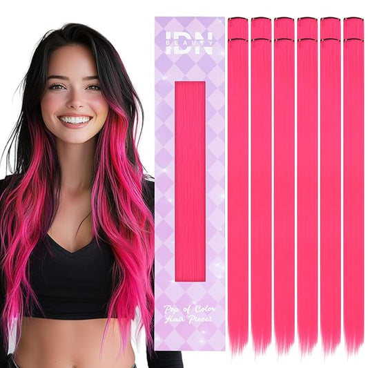 IDN BEAUTY Colored Clip in Hair Extension, 12PCS Hot Pink 24Inch Invisible Clip Straight Synthetic Hair Pieces for Women, Hair Accessories for Party Cosplay Travel Birthday