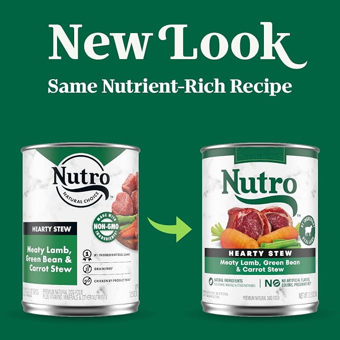 Nutro Hearty Stew Wet Dog Food, Meaty Lamb, 12.5 oz, 12 Pack | Grain-free, real lamb #1 ingredient, cuts in gravy, no corn, wheat, soy, made in USA facilities, canned dog food