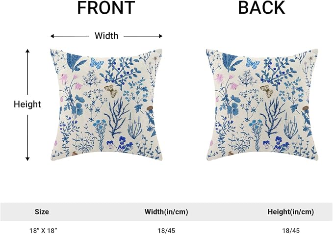 AEIOAE Summer Pillow Covers 18x18 Inch Set of 2,Blue Wild Flower Plant Throw Pillows Case,Seasonal Floral Outdoor Decorative Square Linen Farmhouse Decor Cushion Covers for Home Sofa Bed Couch