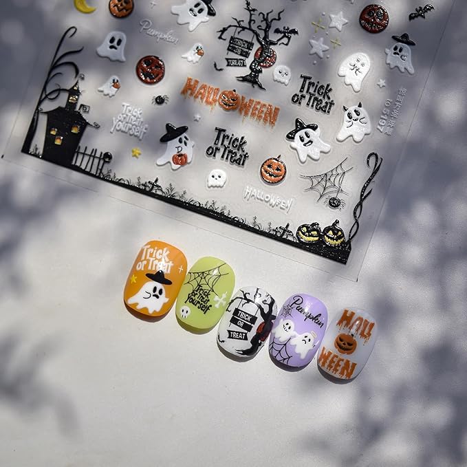Halloween Nail Stickers for Nail Art, 5D Embossed Self-Adhesive Nail Decals Ghost Goth Moon Spider Web Nail Supplies Design Accessories for Women and Girls Manicure DIY Decoration
