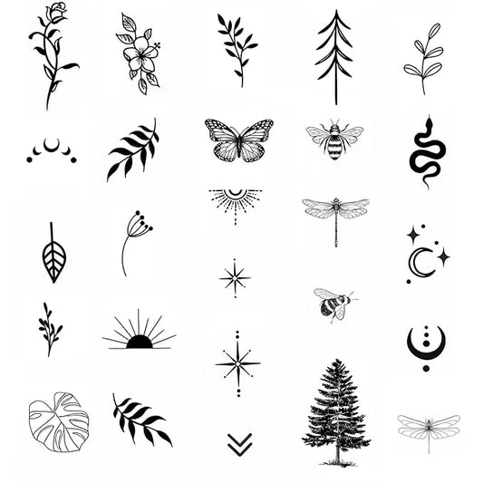 Small Temporary Tattoo Collection – Leaf, Tree, Butterfly, Dragonfly, Snake & Bee Designs, Long-Lasting & Realistic Nature-Inspired Semi-permanent Tattoos for Neck, Arm, Finger, Hand & Wrist