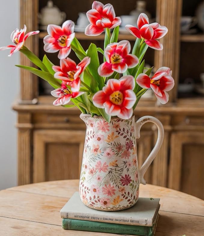 Retro Rustic Large Ceramic Vase with Handle, Distressed Farmhouse Pitcher for Home, Ideal Shelf Decor, Colorful Daisy Floral Vase for Living Room Bedroom Office Table Centerpiece Decorations 9 Inch