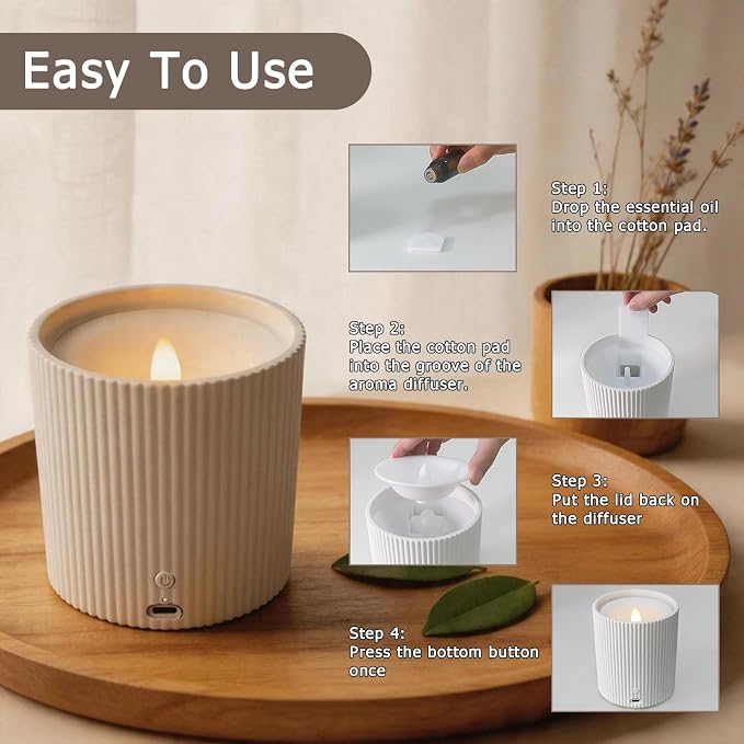 NO-Battery 2 in 1 LED Candle Waterless Diffuser and 3D Wick and Realistic Flame Candle,Flameless Candle Diffuser,Waterless Essential Oil Diffuser with 12PCS Cotton Pads(Only Connect USB Line Use)