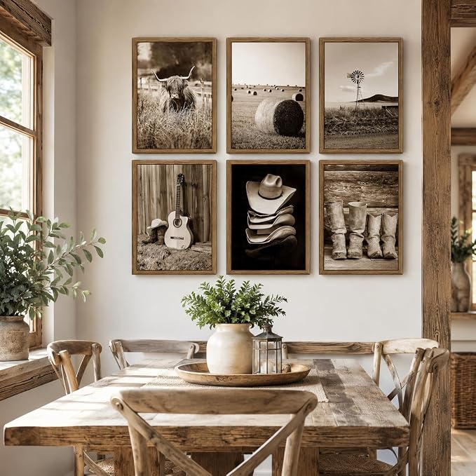 6Pcs Vintage Western Cowboy Wall Art, Highland Cattle Prints, 16" L x 12" W | Rustic Farmhouse Canvas Posters, Country Western Style Wall Decor for Bedroom and Kitchen, Framed