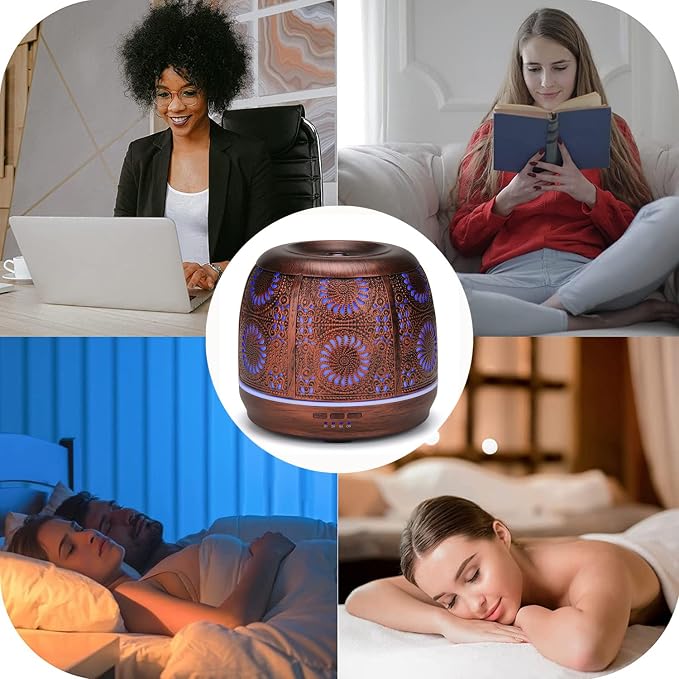 Large Essential Oil Aromatherapy Diffuser for Home Bedroom Metal Hollow Decorative Room Ultrasonic Air Scent Mist Aroma Diffuser 500ML Defusers -Red Copper
