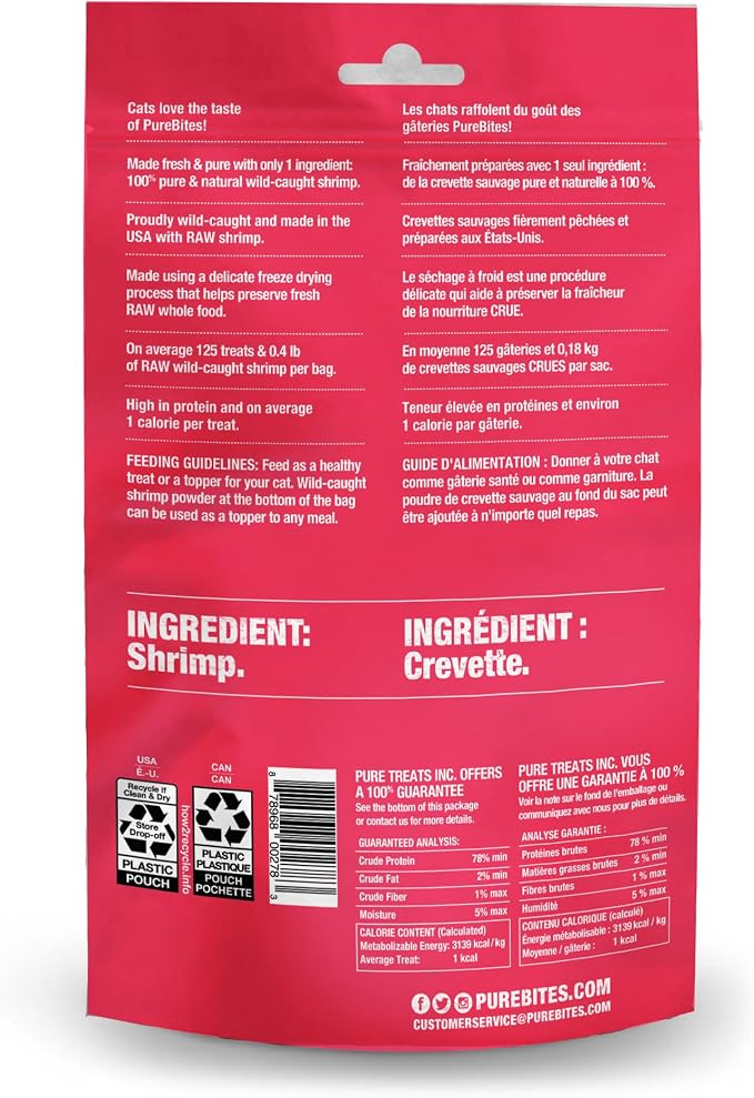 PureBites Shrimp Single Ingredient Freeze Dried Cat Treats, 0.8 oz | 100% Shrimp, Freeze Dried Raw in USA, High-Value Training Reward, No Fillers, ~125 Treats/Bag