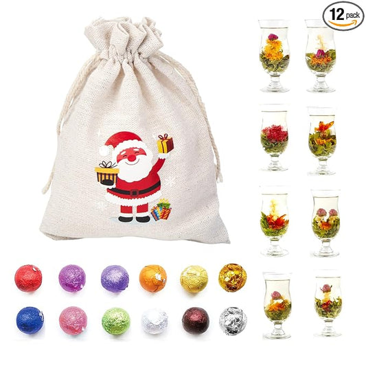 12 Assorted Blooming Flower Tea Balls Gift Set for Christmas| Handmade Herbal Flowering Tea Balls Variety Individual Packing| Blooming Green Teas with Flowers for Teas Lovers, Anniversary, Valentine, Birthday