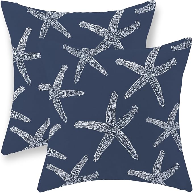 Navy Blue Starfish Pillow Covers 18x18 Inch Set of 2 Coastal Throw Pillows Summer Nautical Ocean Theme Decorations Beach Pillowcase Linen Outdoor Decor Farmhouse Cushion Case for Home Bedroom