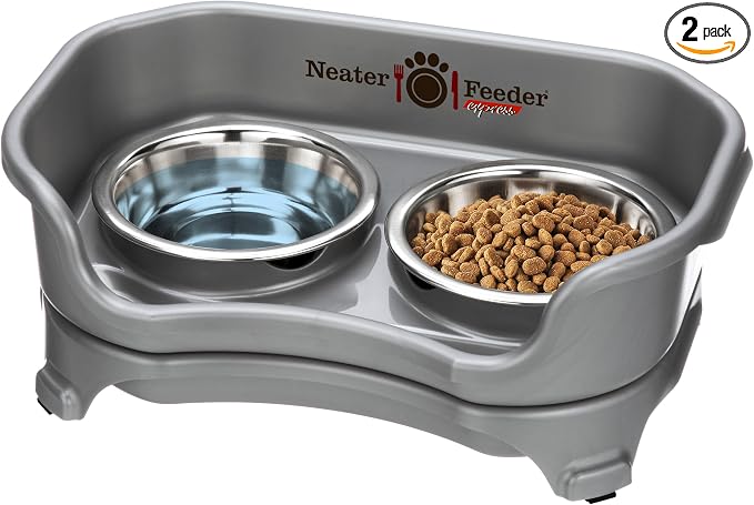 Neater Feeder Express Mess Proof Cat Bowls Elevated, No Spill Feeding Station, Stainless Steel Dishes for Food and Water, Raised Bowls for Indoor Cats, No Fatigue Whisker Friendly Dish, Grey