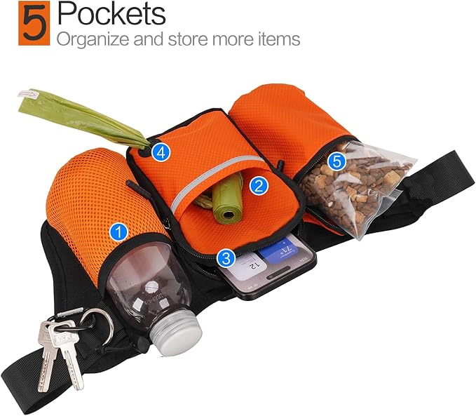 Hands Free Dog Walking Waist Pack with Treat Pouch & Multi-Pockets Oxford Water-Resistant Belt for Hiking Jogging Running (Purple Leash not Included)