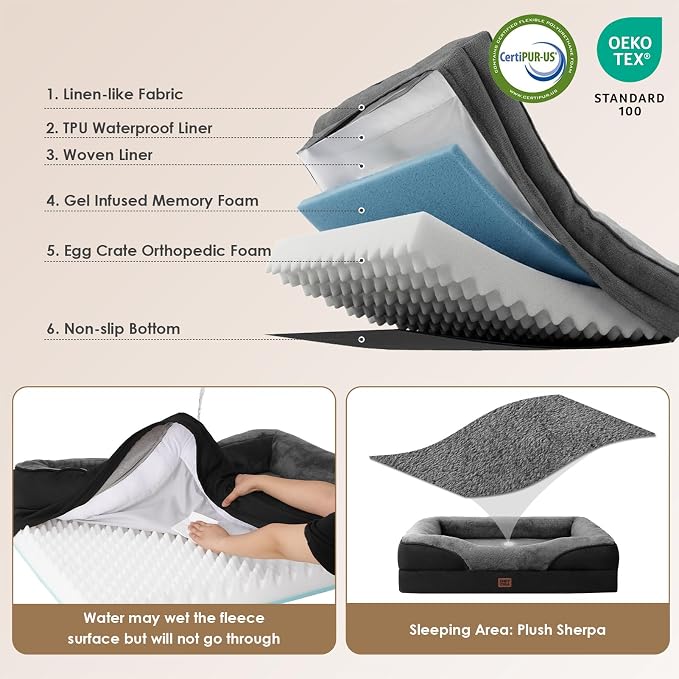 EHEYCIGA Orthopedic XL Dog Bed for Large Dog, Memory Foam Dog Couch | 48x35 Inch Extra Large Sized Dog Sofa with Sides, Waterproof Liner & Washable Removable Cover, Bolster Pet Couch