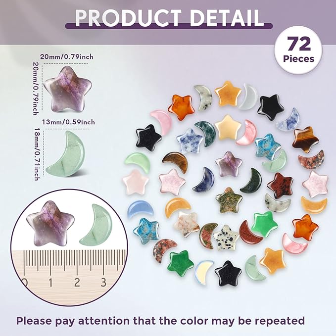 Nuenen 72 Pieces 0.8 inch Star and Moon Worry Stones Crystal Bulk Moon Shaped Thumb Gemstones Polished Pocket Star Palm Stones Bulk for Witchcraft Meditation Reiki Balancing Decor