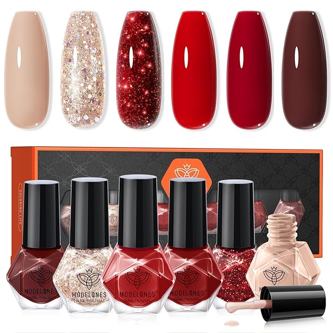 modelones Red Nail Polish Set 6 Colors,Valentines Brwon Nude Burgundy Gold Glitter Quick Dry Sparkle Mini Manicure Kit DIY Nail Art Salon Home Gifts for Women Girls