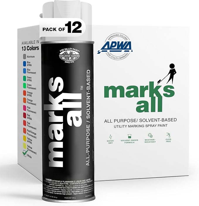 Fox Valley 18oz Marks All Solvent-Based Marking Paint Spray, 12-Pack White – Long-Lasting, Weather-Resistant Spray Paint for Wet or Dry Surfaces Like Metal, Grass, Concrete, Wood, & More