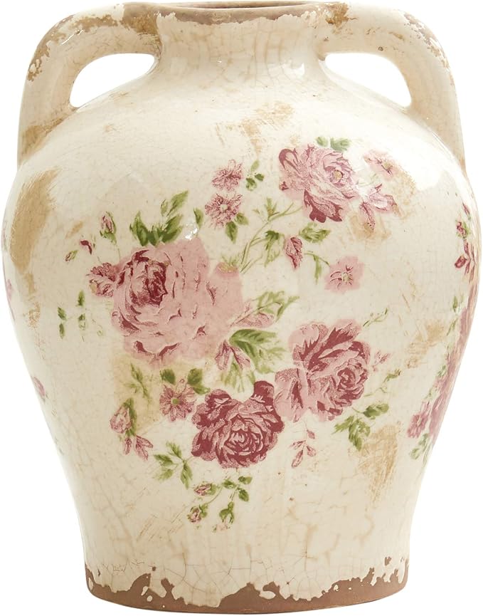 Nearly Natural 8 in Tuscan Ceramic Floral Print Vase for Home Decor Office | Premium Quality Ceramic, Vintage Floral Print Jar, Country-Chic Centerpiece, Shelf and Table Accent