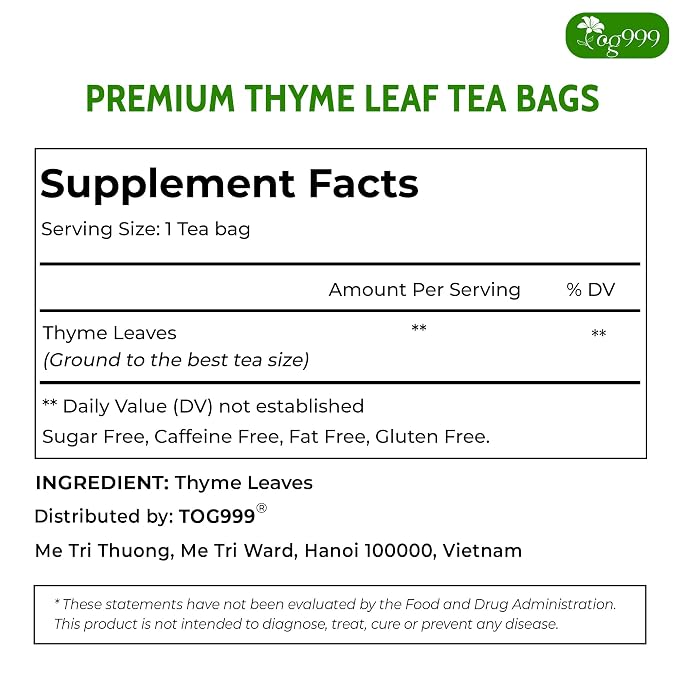 TOG999, Premium 120 Thyme Leaf Tea Bags, 100% Natural & Pure. Loose Leaf Thyme Herbal Tea. No Sugar, No Caffeine, No Gluten, Vegan.