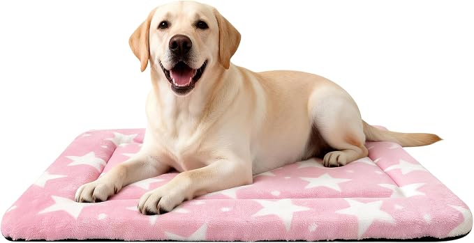 Dog Bed Mat – Soft & Comfortable Dog Kennel Pad for Crate – Durable Crate Bed & Mat for Dogs & Cats – Ideal for Crate, Kennel, and Home Use (Big&Little Stars Pink, L(35"*23"*1.5"))