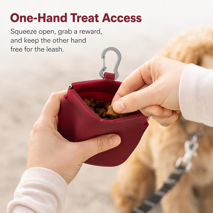 Silicone Dog Treat Pouch for Pet Training One-Hand Access One Cup Silicone Treat Bag with Pull Tab and Auto Closing Lid Treat Pouches for Leash(Color: Red)
