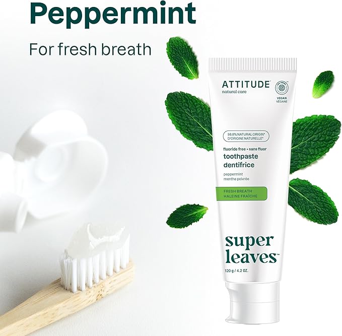 Attitude Fluoride-Free Fresh Breath Toothpaste, Peppermint Flavor, Vegan & Cruelty-Free, Sugar-Free, Plant & Mineral-Based Ingredients, Clean Oral Care, 4.2 Oz