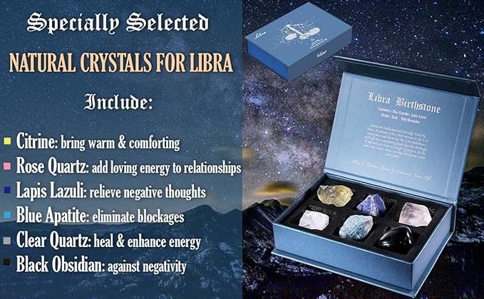 Faivykyd Libra Crystals Gift - 6 Libra Zodiac Natural Stones w/ 50 Miracle Mantras Affirmation Cards, Healing Astrology Gifts for Promoting Positive Energy, Self-Care, Love & Wealth