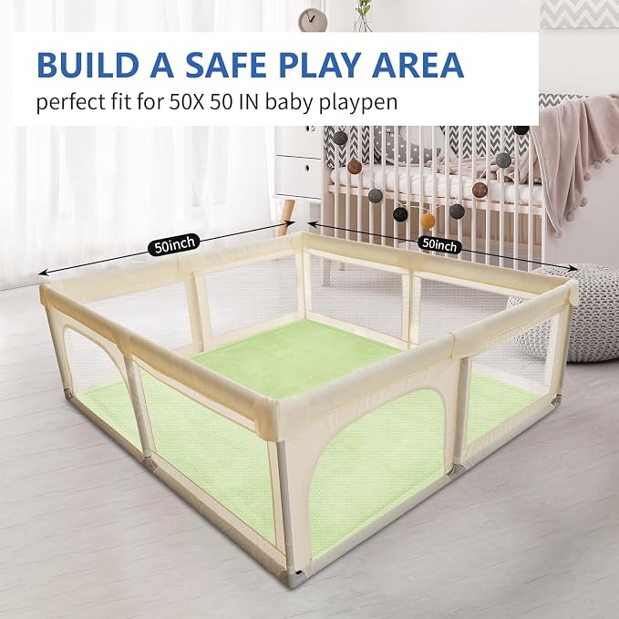 Huloo Sleep Baby Play Mat for Floor,1.3"Thick Elasti-Foam 50x50 Playpen Mat for Toddlers Infant kids,Water-Repellent Soft Velvet for Tummy Time,Non-Slip Backing for Crawling,Tatami Style(Light Green)