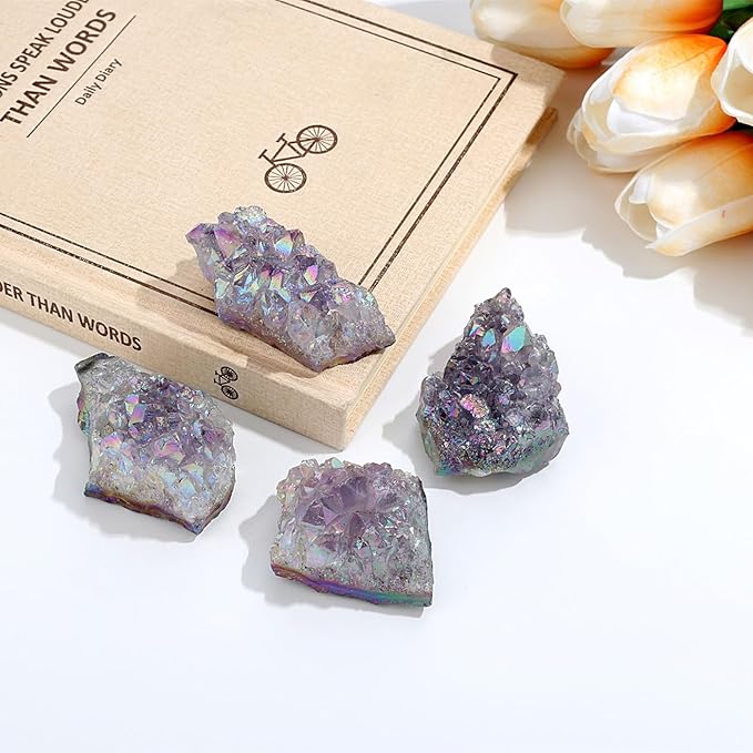 ZHIYUXI Angel Aura Amethyst Crystal Clusters Geode Titanium Bonded Amethyst Crystal Gem Stones Crystals and Stones Natural Rock Raw Stone Energy Balance Reiki Decor 1Pc 50-70g