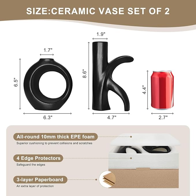 Assemble OK Ceramic Vase Set of 2 for Home Decor, Modern Boho Ins Style Matte Vase for Pampas Grass for Table Centerpiece, Living Room, Shelf, Mantle, Housewarming Gift (Black Vase)