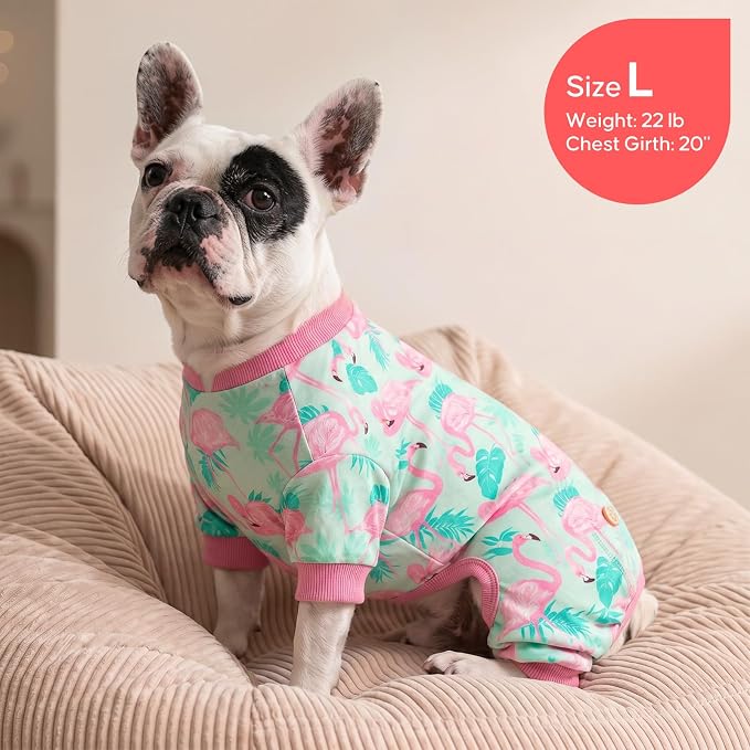 KYEESE Velvet Dog Pajamas for Small Medium Dogs Soft Onesie, Flamingo | 4-Way Stretch, Lightweight & Breathable, Reduces Shedding, Gentle on Sensitive Skin, Recovery Support, Easy Potty Breaks