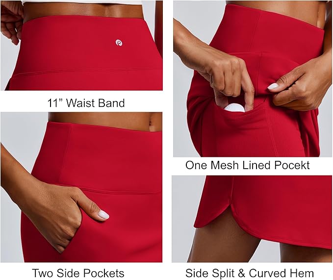 PINSPARK 18" Skorts for Woman Above Knee Length Golf Skirts 3 Pockets | High Waist, Built in Shorts, UV Protection, 4-Way Stretch, Soft, Dolphin Hem, Athletic, Tennis, Pickleabll, Casual