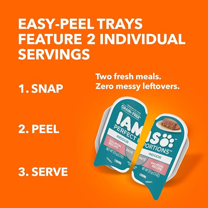 IAMS Perfect Portions Indoor Pate Wet Cat Food, Salmon, 24 Count | Grain-free, Vitamin E immune support, dietary fiber & prebiotic for digestion, no fillers, snap-peel-serve 2.6 oz. twin-packs