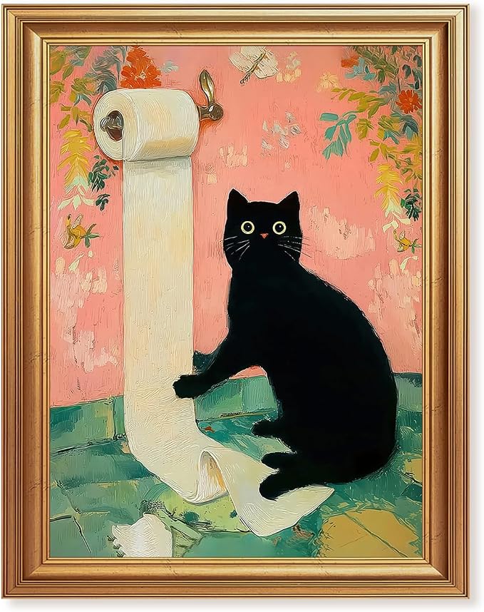 ICHZUMW Gold Framed Funny Black Cat Toilet Paper Canvas Wall Art, 8x10 In | Quirky Cat Print Humorous Pink Bathroom Wall Decor, Restroom Powder Room Guest Toilet, Fade Resistant, Ready to Hang