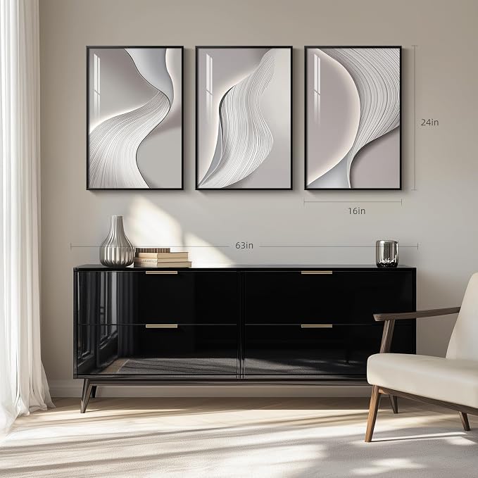 Framed Modern Abstract Wall Art, 3 Piece Minimalist Bright Style Prints Paintings Artwork for Walls, Silver Gray Contemporary Luxury Pictures for Living Room Bedroom Dining Room Wall Decor 16x24 In