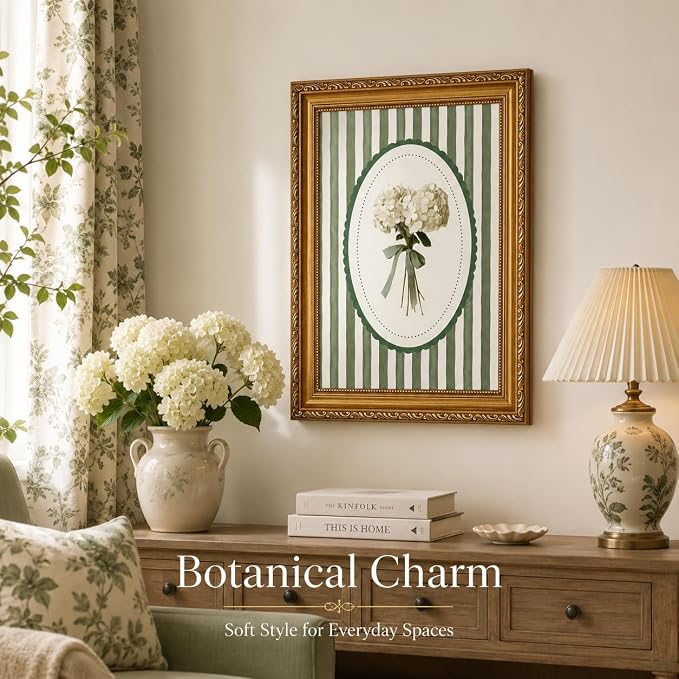 Vintage Botanical Wall Art, Green Stripe Floral Print, Gold Framed Canvas | Vintage botanical wall art with green stripe background and gold frame, suitable for living room, dining room, and entryway.