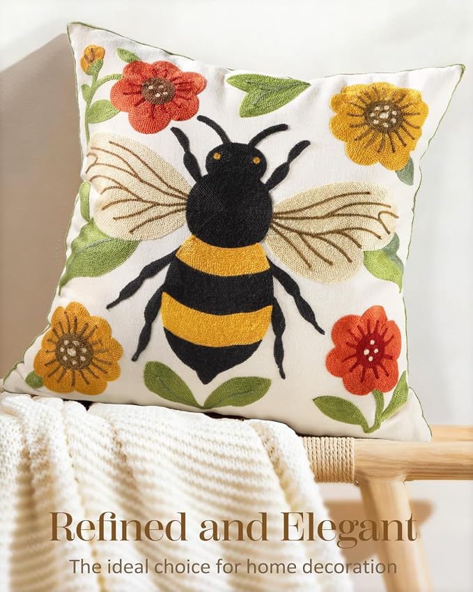 Animal Embroidered Throw Pillow Cover 20x20 Inch, Bee Floral | Decorative Pillow Cover, Farmhouse Cushion Cases with Hidden Zipper, Cottagecore Decor for Couch, Sofa, Living Room