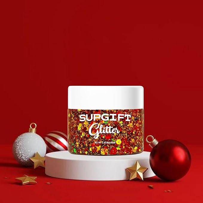 Christmas Body Glitter Gel SUPGIFT 4 Colors 8.5oz Holographic Chunky Mermaid Iridescent Laser Liquid Star Flower Leaf Sequins for Makeup Face Eyeshadow Hair with Spoon