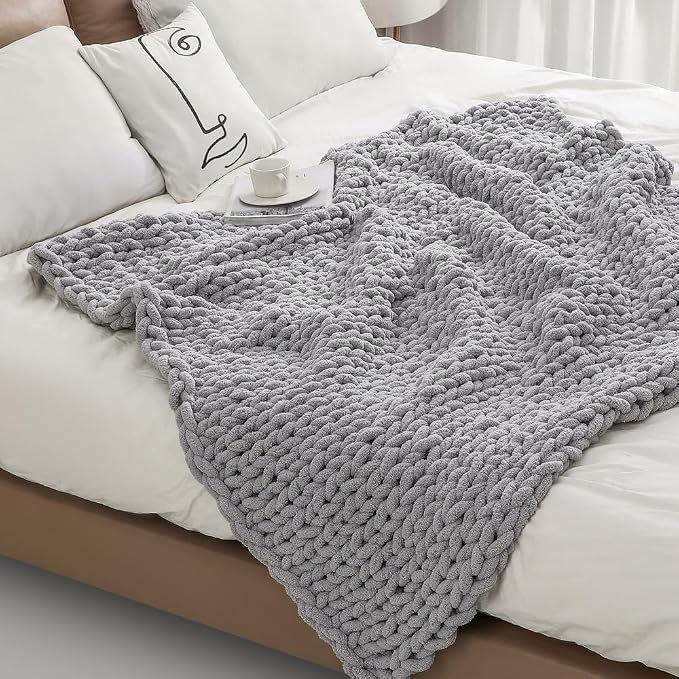 Soft Chunky Knit Throw Blanket for Couch, Cozy Warm Knitted Blankets | Hand Knit with Jumbo Chenille, Lightweight Warm Fluffy Decor for Women, Mom, Her & Girls, Sofa, Chair, Bed, 40"×40" (Gray)