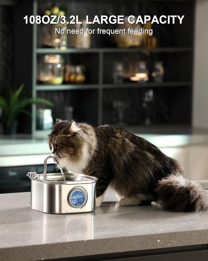 Cat Water Fountain Stainless Steel,108oz/3.2L Automatic Pet Water Fountain,Cat Fountain with Water Level Window,Water Fountains for Cats Indoor with 4 Replacement Filters and 4 Sponges