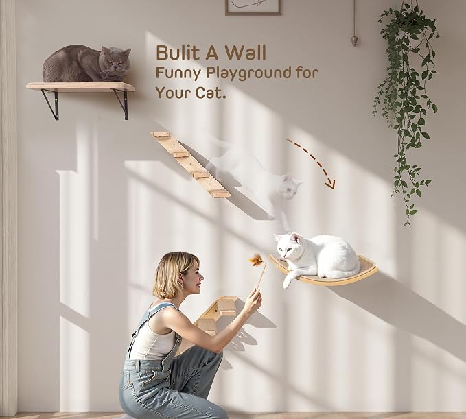 Wood Cat Wall Curved Bed with Sisal Mat, Cats Shelf for Sleeping Scratching | Ergonomic Curved Design, Scratchable Sisal Pad, Wall Mounted