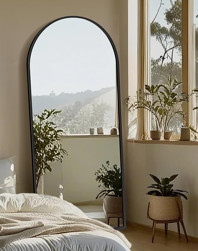 Arched Full Length Mirror with Stand, 70x30 Black Floor Mirror | Aluminium alloy frame with HD float glass for distortion-free reflection. Free standing or wall mounted.