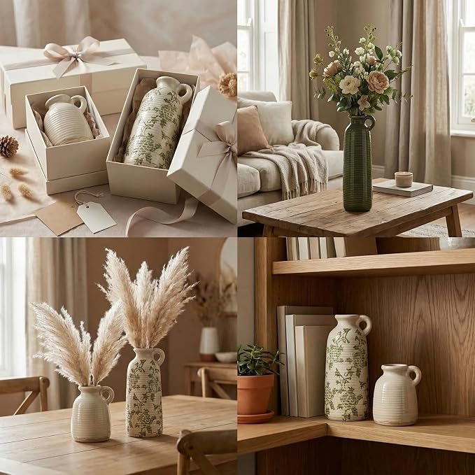 Ceramic Vases Set of 3, Farmhouse Country Flower Vase Home Decor,Living Room Kitchen Bathroom Decoration, Table Centerpieces, Shelf and Entrance Decorations-Multicolor.