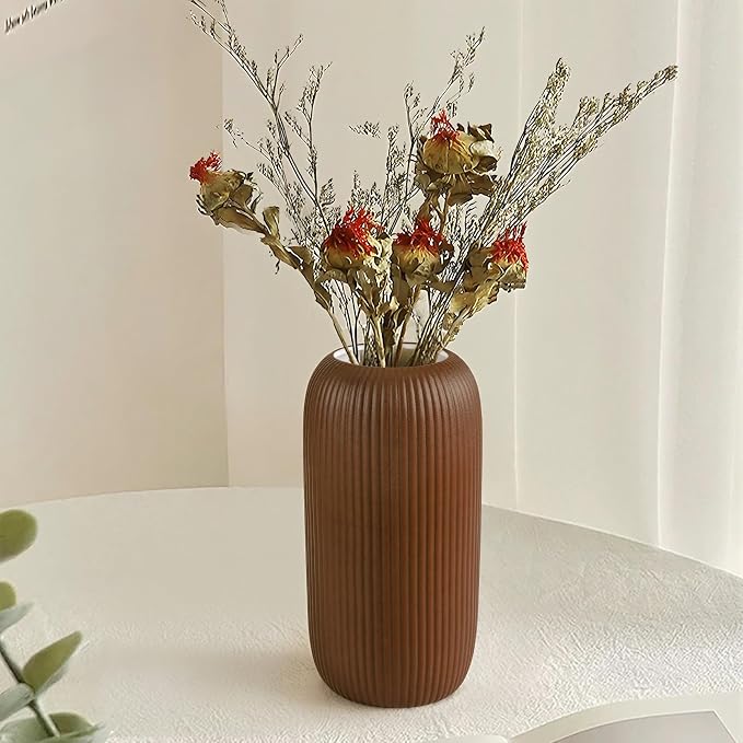 Ceramic Vase for Flowers – Modern Small Ribbed Textured Flower Vase for Home Decor, Pampas Grass, Decorative, Farmhouse, Coffee Table, Kitchen Centerpieces, Bookshelf and Home Living (Caramel)