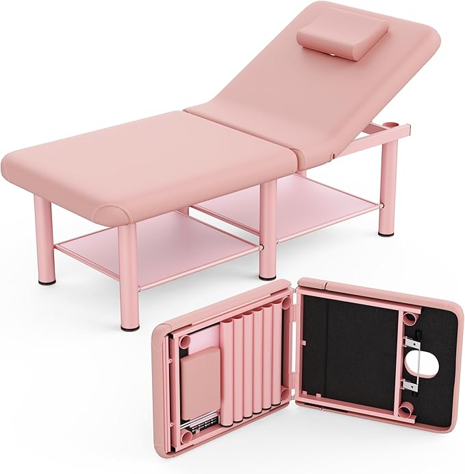 pouseayar Pink Stationary Massage Table Folding Bed with Backrest & Storage Space for Treatment Table Physical Therapy Table Spa Facial Bed, Metal Frame PU Leather, 30.5'' Wide × 75'' Long
