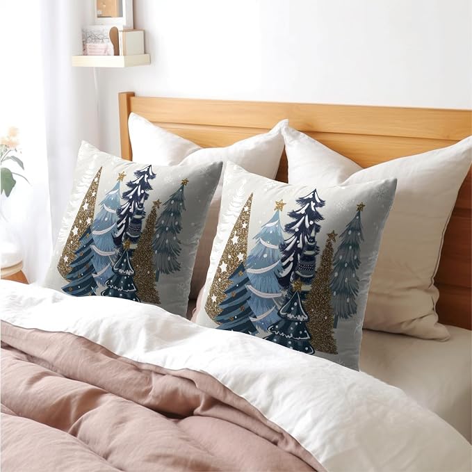 Kawani Blue Christmas Trees Pillow Covers 22x22 Inches, Set of 2 Xmas Winter Seasonal Snowflakes Pine Tree Cotton Linen Cushion Case Farmhouse Decorative Pillowcase for Home Sofa Couch