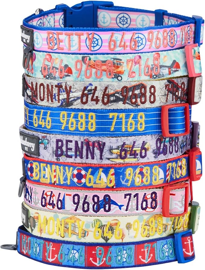 Blueberry Pet Essentials 8 Patterns Personalized Dog Collar, Nautical Navy Sailor, Medium, Adjustable Customized ID Collars for Medium Dogs Embroidered with Pet Name & Phone Number