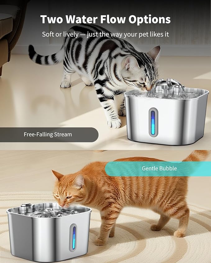 Stainless Steel Cat Water Fountain - 74oz/2.2L Cat Drinking Fountain | Quiet Cat Fountain for Indoor Cats and Small Dogs, Automatic Pet Water Dispenser Keeps Fresh Water, 4 Filters & 4 Sponges