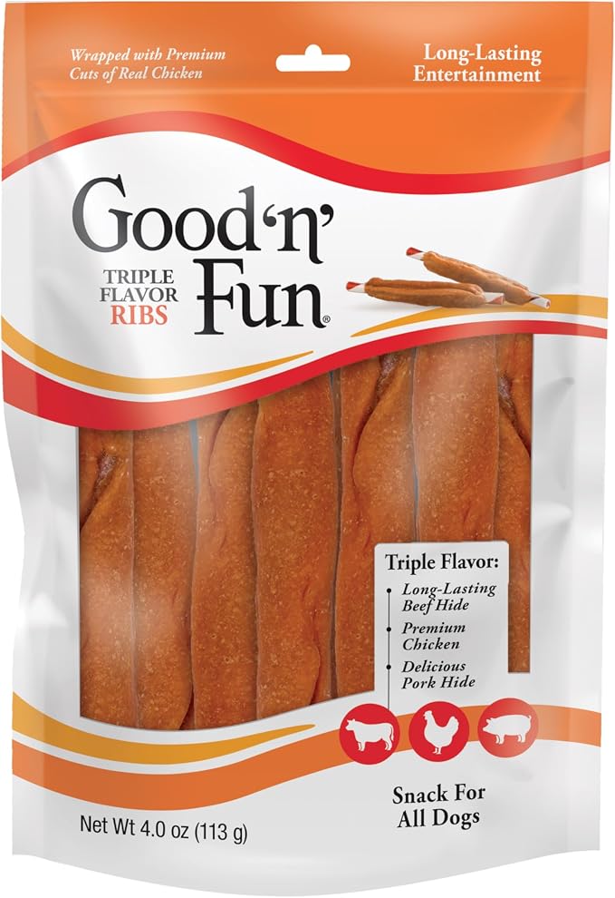 Good 'n' Fun Ribs Long-Lasting Dog Treat Made With Real Protein, 4 oz | Premium Chicken, Pork and Beef Hide Chew, Supports Dental Health and Mental Stimulation, For Adult Dogs