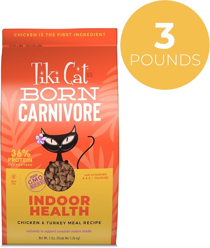Tiki Cat Born Carnivore Dry Cat Food, Chicken & Turkey Meal, 3 lbs. Bag | Crunchy Kibble Texture for Indoor Cats, Real Animal Protein, Non-GMO Ingredients, Supports Immune and Digestive Health