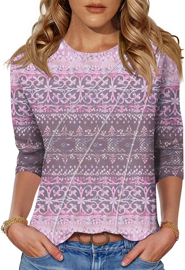 LOMON 3/4 Length Sleeve Womens Tops Spring Summer Fashion 2026 Tops Crew Neck Pleated Shirts Tunic Top Loose Fit