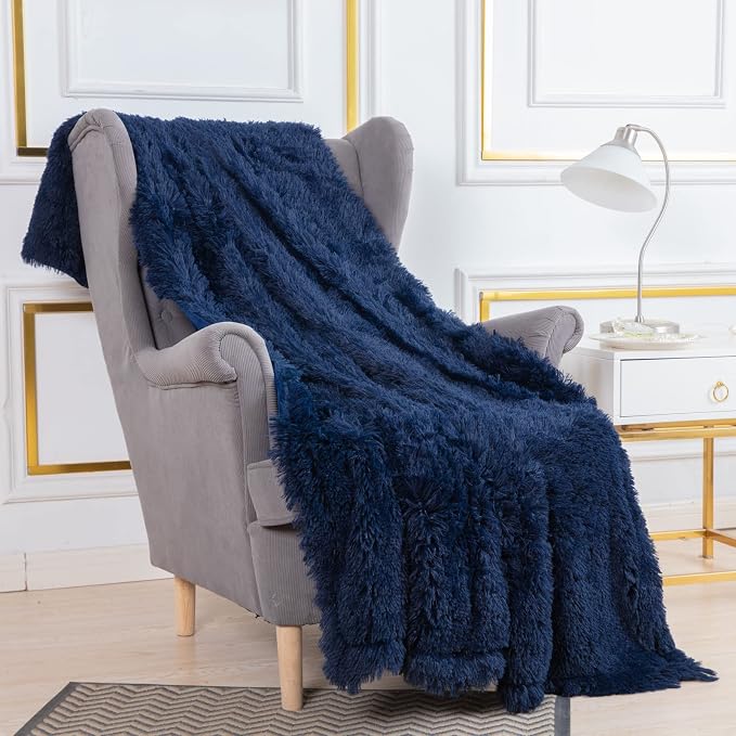 YUSOKI Long Faux Fur Throw Blanket, Navy Blue,50" x 60" | Ultra Soft, Lightweight for All Season Use, stays fluffy after repeated washes, Perfect Gifts, Machine Washable