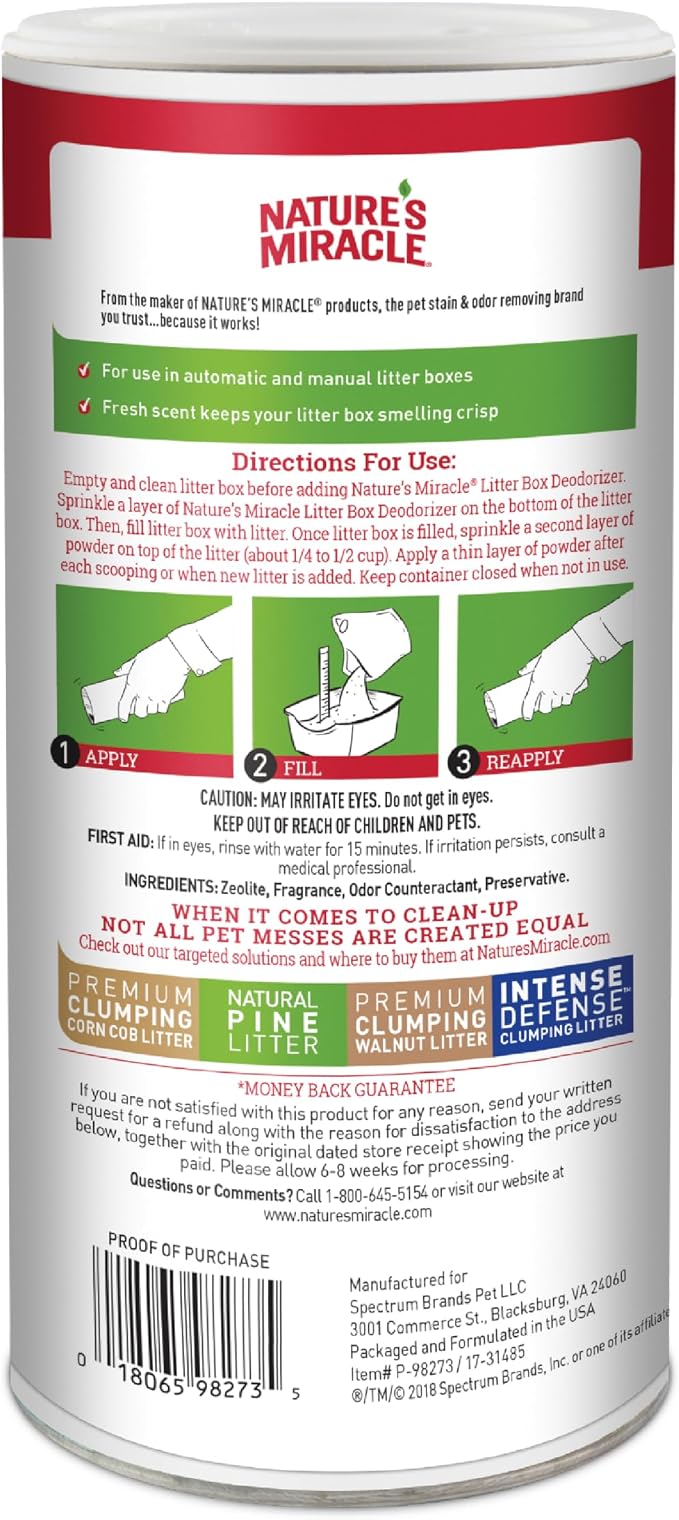 Nature's Miracle Litter Box Deodorizer Powder, Cat Odor Control | Unscented | 20 Ounces | Pack of 6